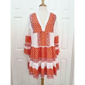 Bindu Womens White Orange Geometric Floral Embellishments Tunic Dress Size Large